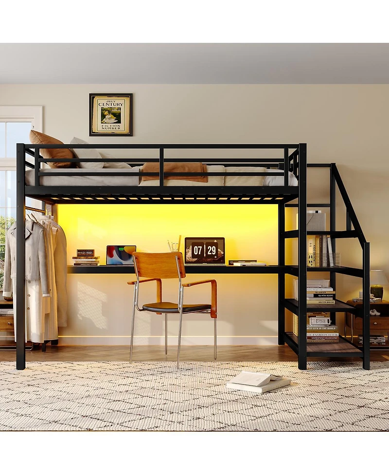 Streamdale Furniture Twin Xl Loft Bed with Desk, Storage Stairs, Led Lights & Usb Ports