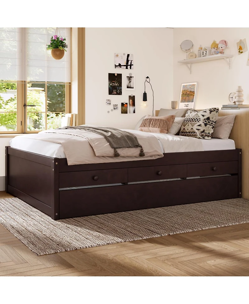 Streamdale Furniture Full Platform Bed with Trundle, 2 Drawers, Solid Wood, Espresso