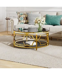 Streamdale Furniture Streamdale Round Tempered Glass Coffee Table, 30.7", Gold Geometric Metal Frame, Shelf