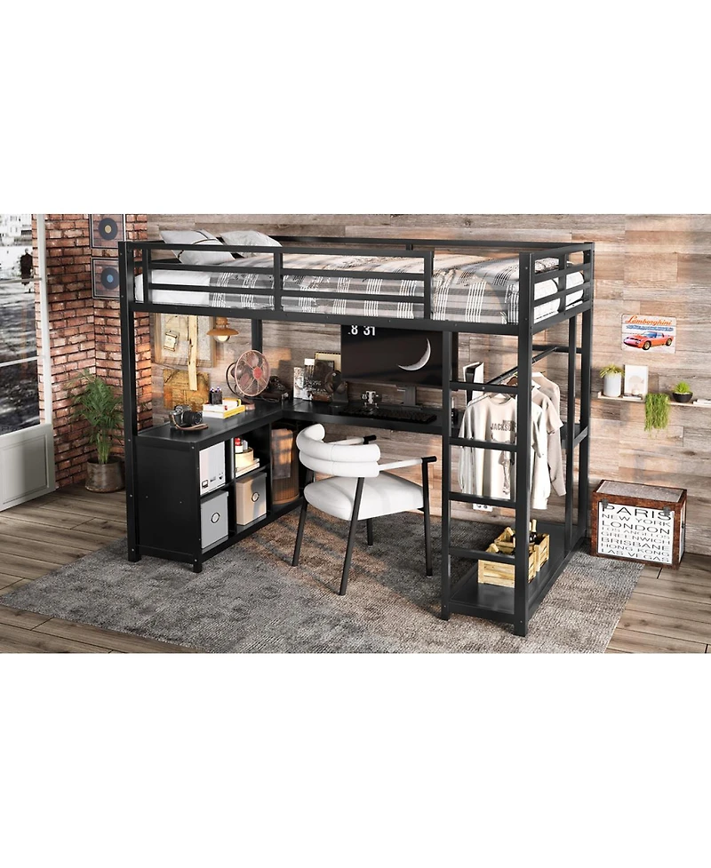 Streamdale Furniture Metal Loft Bed with Wardrobe, L-shaped Desk & Storage, Black