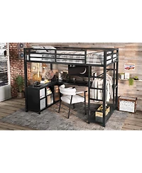 Streamdale Furniture Metal Loft Bed with Wardrobe, L-shaped Desk & Storage, Black