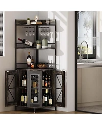 gaomon 64 Inch Tall Corner Bar Cabinet with Led Strip 5-Tiers Industrial Bar Cabinet with Power Outlet and Glass Holder Wine Cabinet