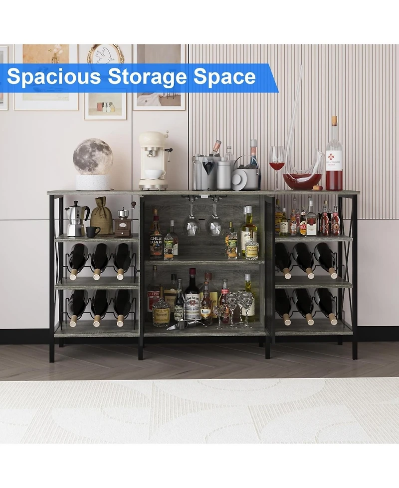 gaomon Farmhouse Wine Bar Cabinet with Wine Rack, Glass Holder, Led Light, Metal Sideboard and Liquor Storage Cabinet