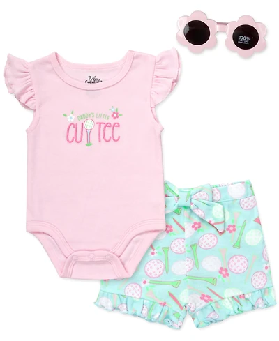Baby Essentials Girls' Graphic Bodysuit Dress, Printed Shorts and Sunglasses, 3-Piece Set