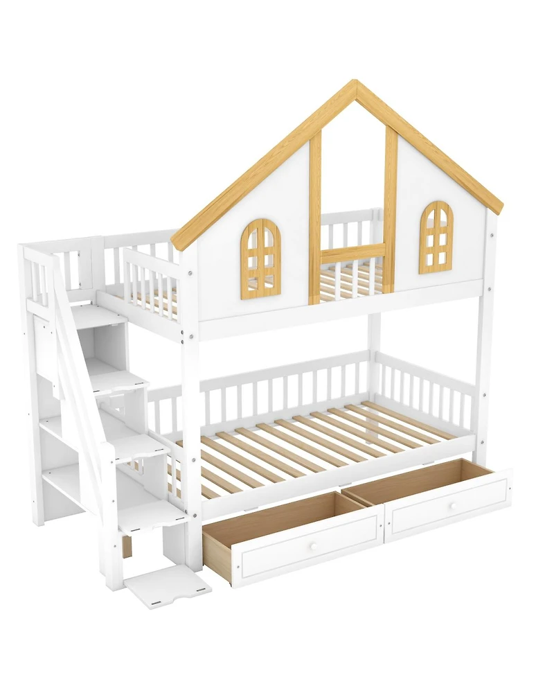 Streamdale Furniture Twin Size Wooden House Bunk Bed with Window, Door, Roof, Drawers & Stairs