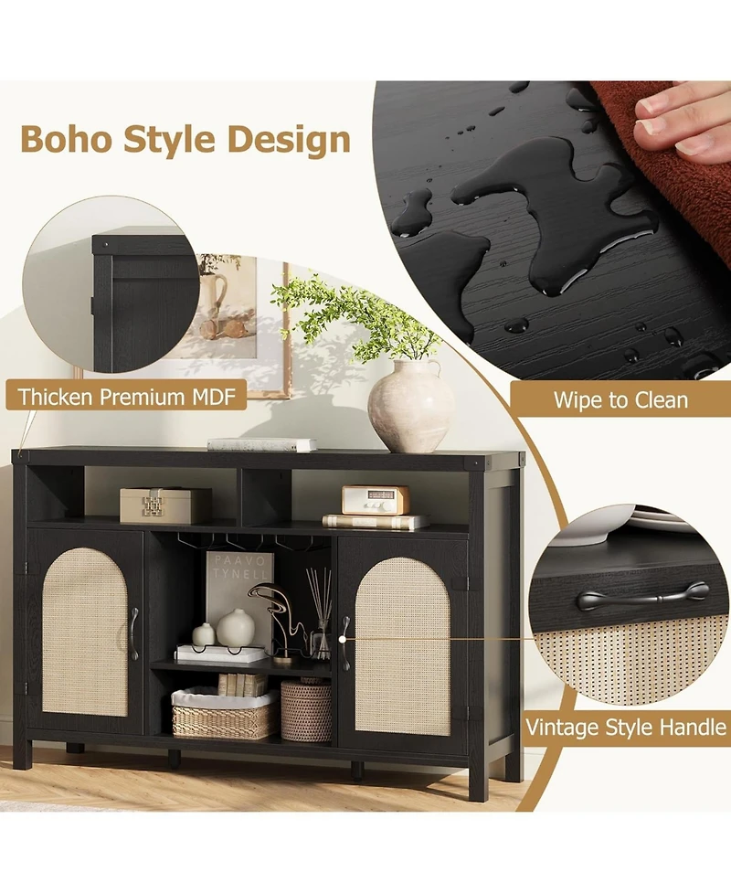 gaomon 52" Farmhouse Wine Bar Cabinet with Rattan Doors, Adjustable Shelves, Wine Racks—Boho Coffee Bar Sideboard for Living or Dining Roo