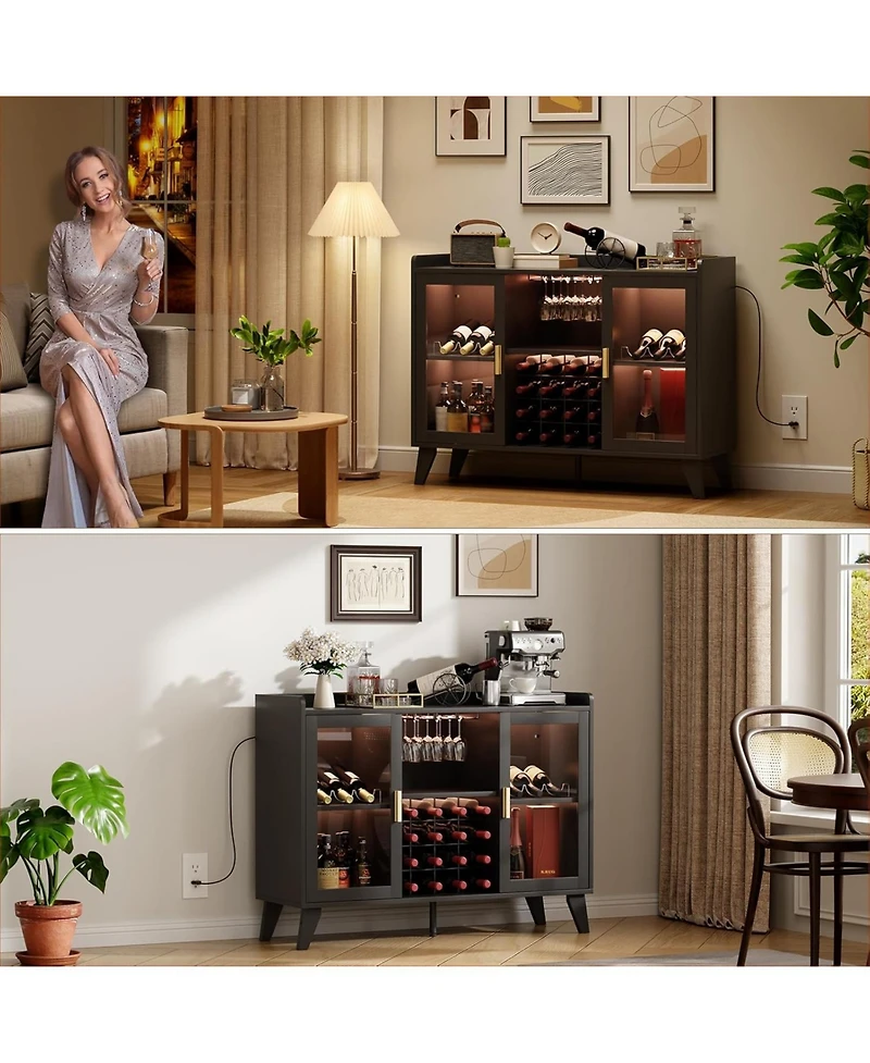 gaomon 47 Inch Wine Bar Cabinet with Led Lights Modern Liquor Cabinet with Wine Racks and Glass Holders Freestanding Kitchen Buffet Sideboard