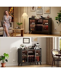 gaomon 47 Inch Wine Bar Cabinet with Led Lights Modern Liquor Cabinet with Wine Racks and Glass Holders Freestanding Kitchen Buffet Sideboard