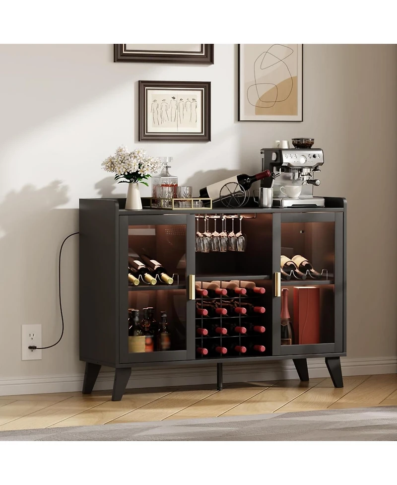 gaomon 47" Wine Bar Cabinet with Led Lights Modern Liquor Cabinet with Wine Racks & Glass Holders Freestanding Kitchen Buffet Sideboard Storage S