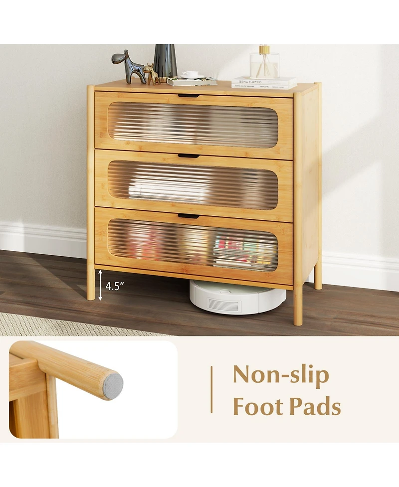 Sugift 3 Drawer Mid Century Modern Chest of Drawers with Reeded Tempered Glass Front