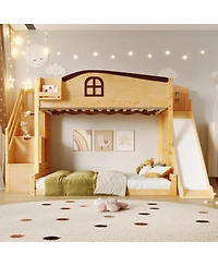 Streamdale Furniture Twin over Full Bunk Bed with Storage Stairs, Shelf, Slide & Wardrobe