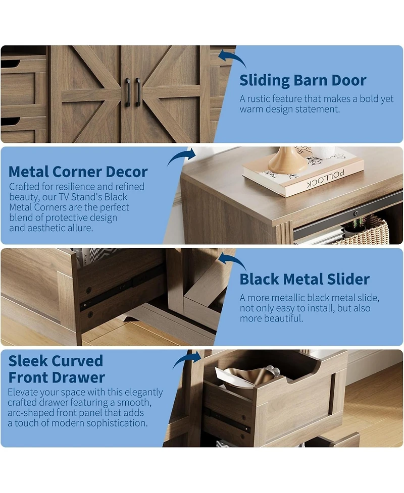 gaomon Farmhouse Tv Stand for Up to 70 TVs, 66 Entertainment Center w/4 Drawers & Sliding Barn Door