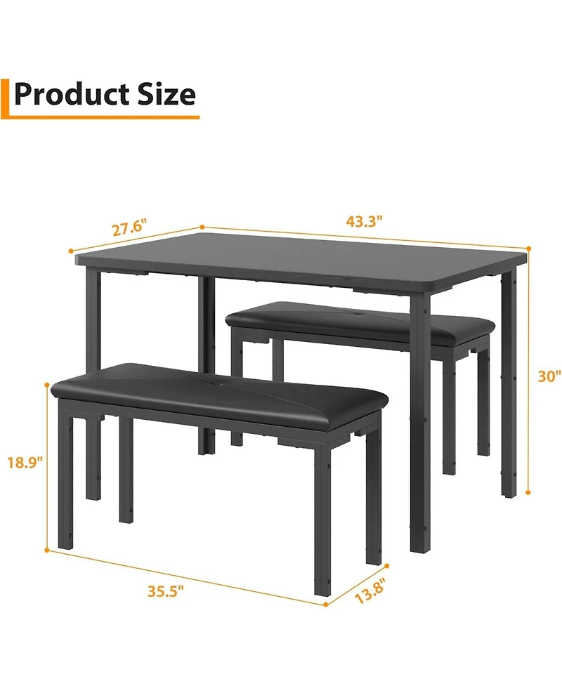gaomon 43.3 Inch Dining Table Set for 4 Rectangle Kitchen Table with 2 Upholstered Soft Benches Metal Frame 3 Piece Dining Room Table Set Space-Saving
