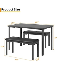 gaomon 43.3 Inch Dining Table Set for 4 Rectangle Kitchen Table with 2 Upholstered Soft Benches Metal Frame 3 Piece Dining Room Table Set Space-Saving