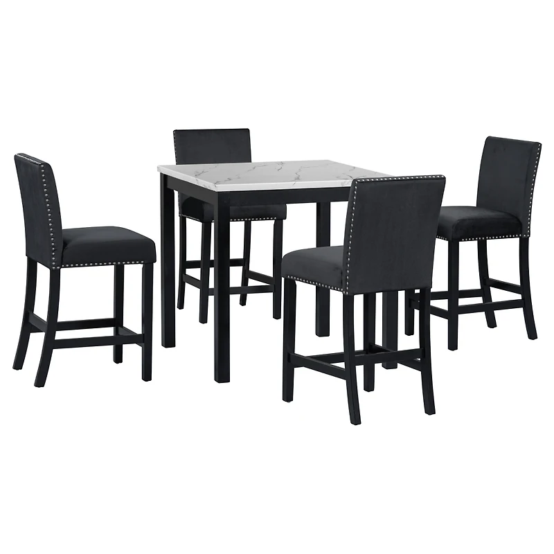 Streamdale Furniture 5-Piece Faux Marble Counter Height Dining Set with 4 Velvet Chairs.