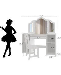 gaomon Kids Vanity Set with Mirror, 2-in-1 Wooden Toddler Vanity Table with Stool, Tri-Folding Mirror and Drawer for Pretend Play