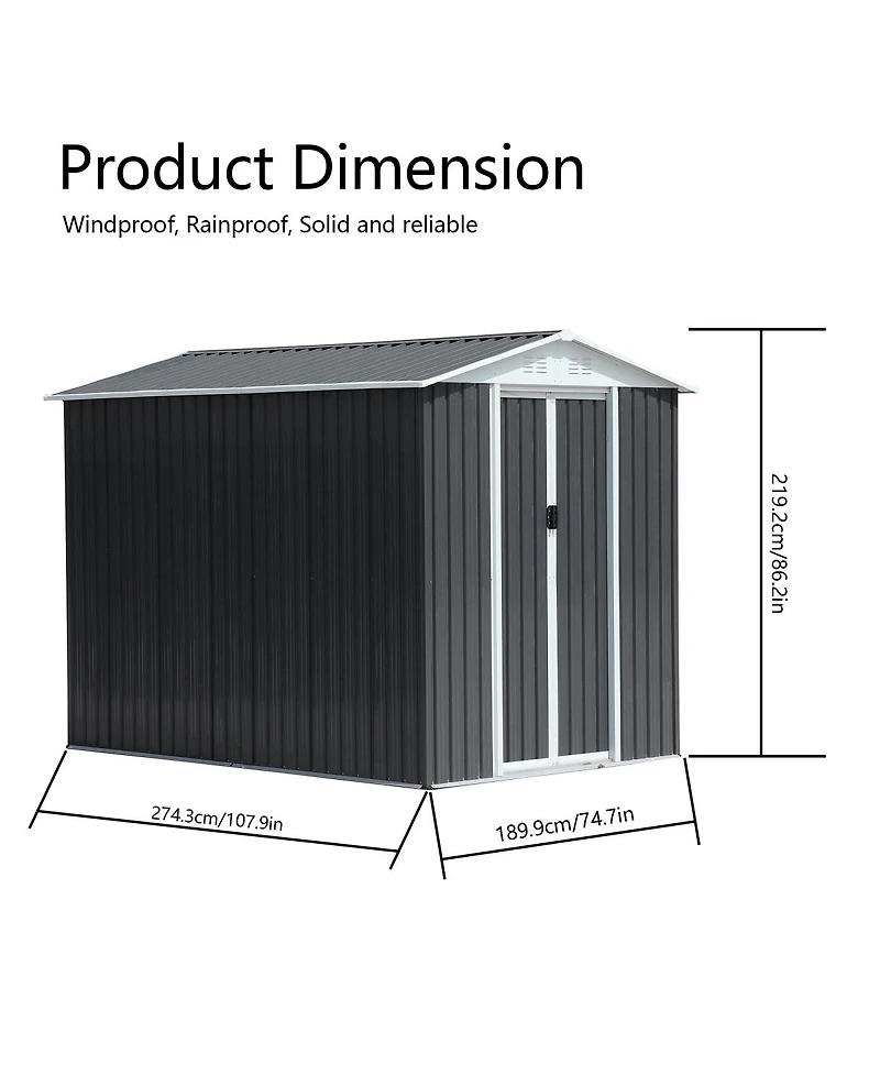 Streamdale Furniture Waterproof Outdoor Bike Storage Shed 6x9FT Grey Apex Roof Aluminum Frame