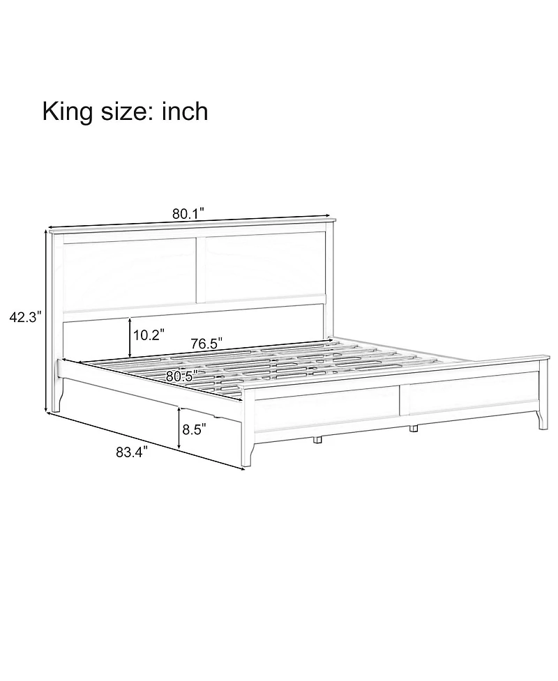 Streamdale Furniture Modern Solid Wood King Size Platform Bed with Slats Support, No Box Spring Needed, Seadrift