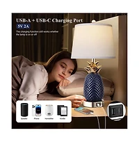 Sofucor 22-inch Pineapple Table Lamps Set of 2, 3 way Dimmable Ceramic Table Lamp for living room, Navy Blue Modern Table Lamp with Usb Port