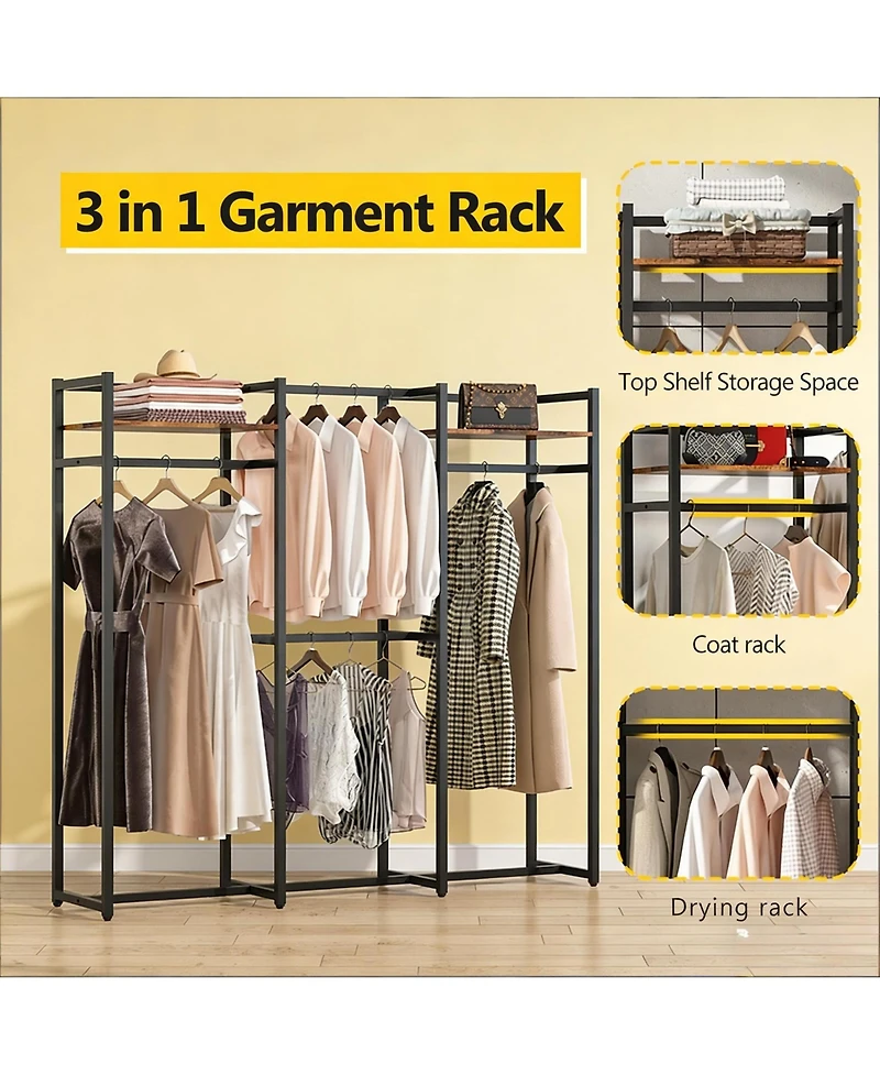Rainsken Heavy Duty Garment Rack, Large Metal Clothing Rack, Freestanding Closet Organizer with Shelves and Hanging Rod for Hallway, Bedroom