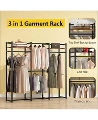 Rainsken Heavy Duty Garment Rack, Large Metal Clothing Rack, Freestanding Closet Organizer with Shelves and Hanging Rod for Hallway, Bedroom