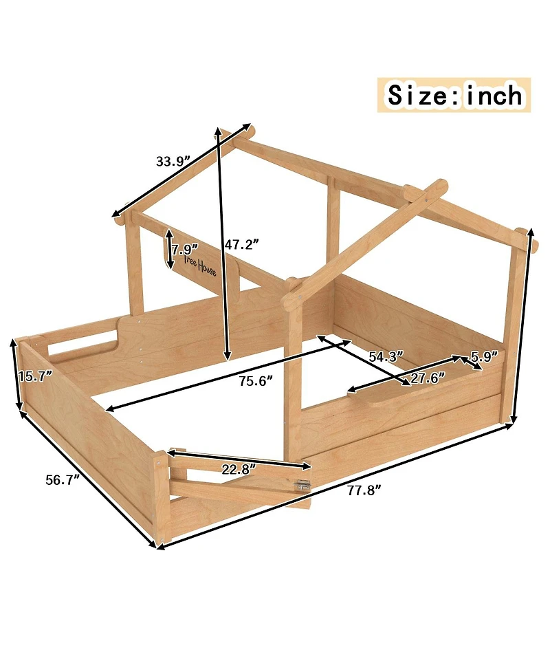 Streamdale Furniture Full Size Floor Bed with Guardrails, Roof, Tray & Signboard