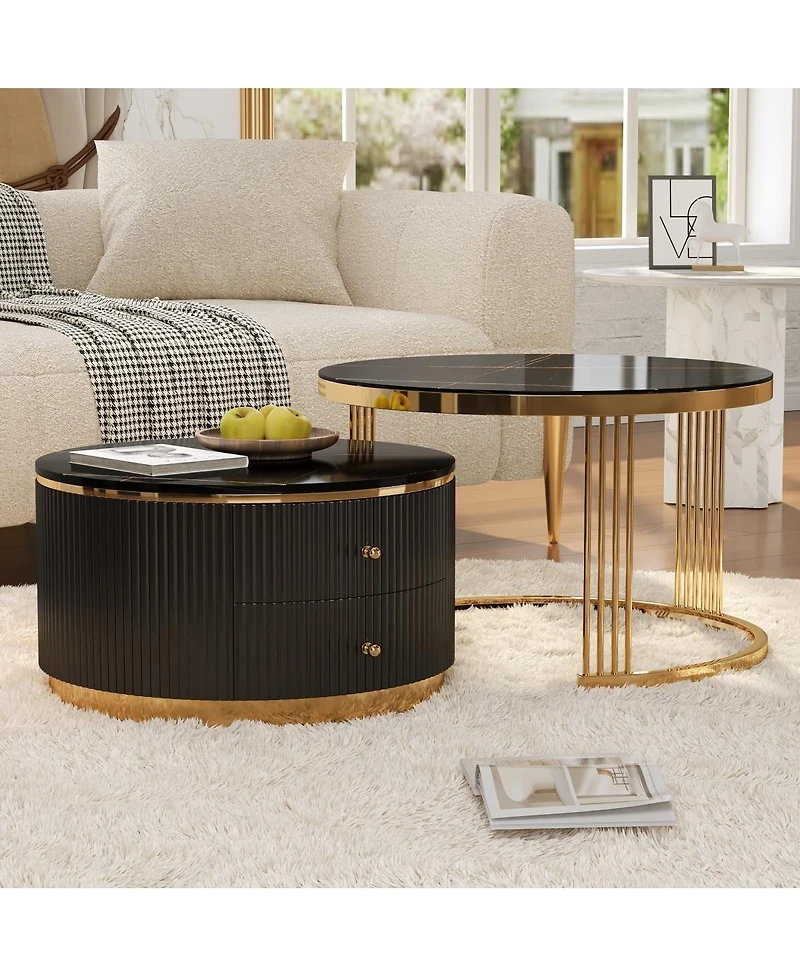 Streamdale Furniture Modern 2 Pieces Round Nesting Coffee Table with Drawers