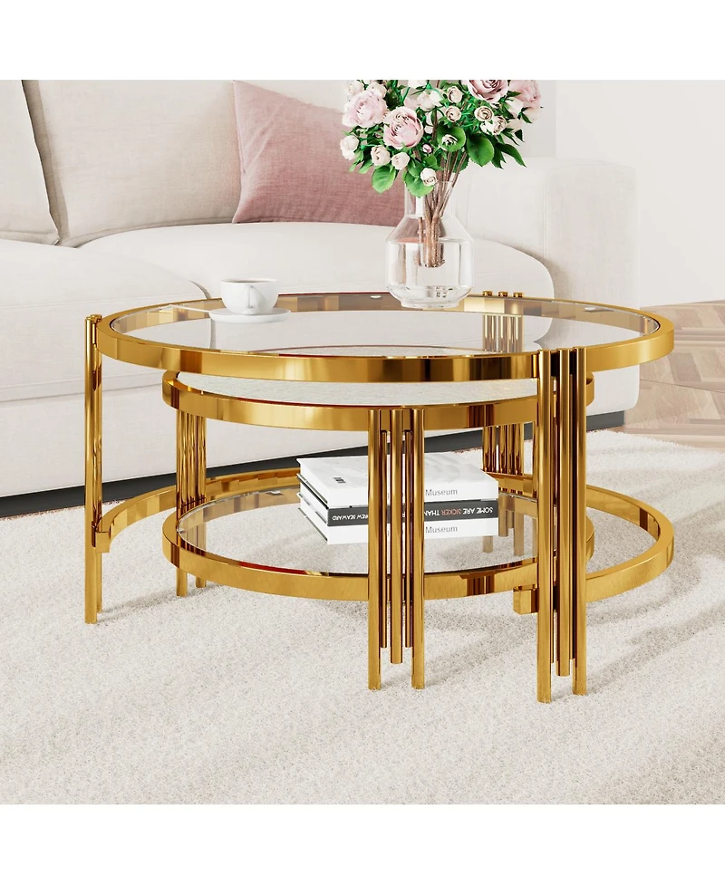 Streamdale Furniture Modern 2-Piece Gold Textured Glass Coffee Table Set