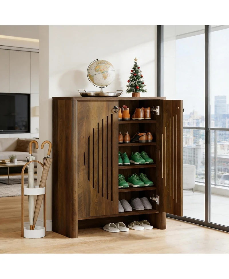 Rainsken Shoe Cabinet with Doors, 5-Tier Shoe Storage Rack with Black Handle, Circular Louvered Door Design, Shoe Organizer for Entryway, Living Room