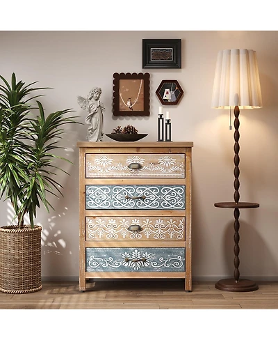 Streamdale Furniture Vintage 4-Drawer Chest with Distressed Wood & Ornate Pattern Design
