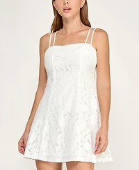 City Studios Juniors' Pleated Top Short Lace Dress