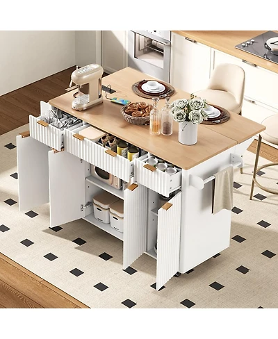 Streamdale Furniture Fluted Kitchen Island with Storage, Drop Leaf, Power Outlet, 4 Doors, 3 Drawers