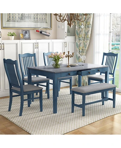 Streamdale Furniture Mid-Century 6-Piece Wood Dining Set with Drawer, Chairs & Bench
