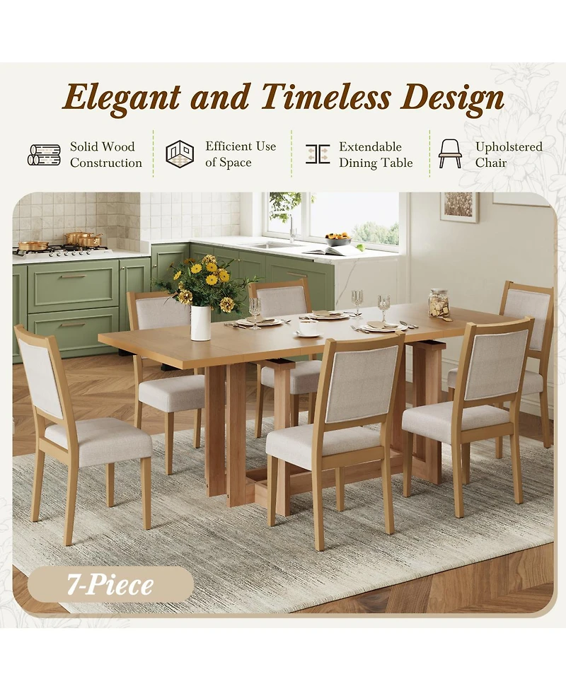 Streamdale Furniture Rustic 82" Extendable Dining Table Set with 6 Upholstered Chairs & 2 Leaves