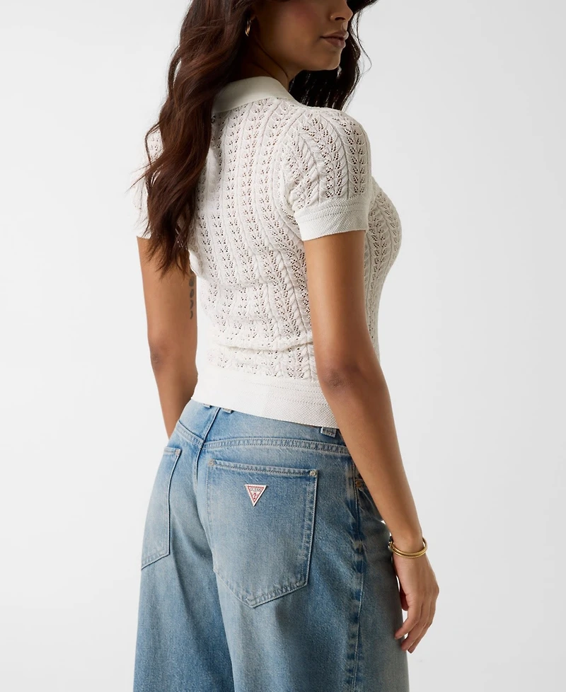 Guess Women's Short-Sleeve Pointelle Vienna Polo Sweater