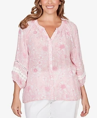 Ruby Rd. Plus Size Floral Silky Gauze Peasant Top