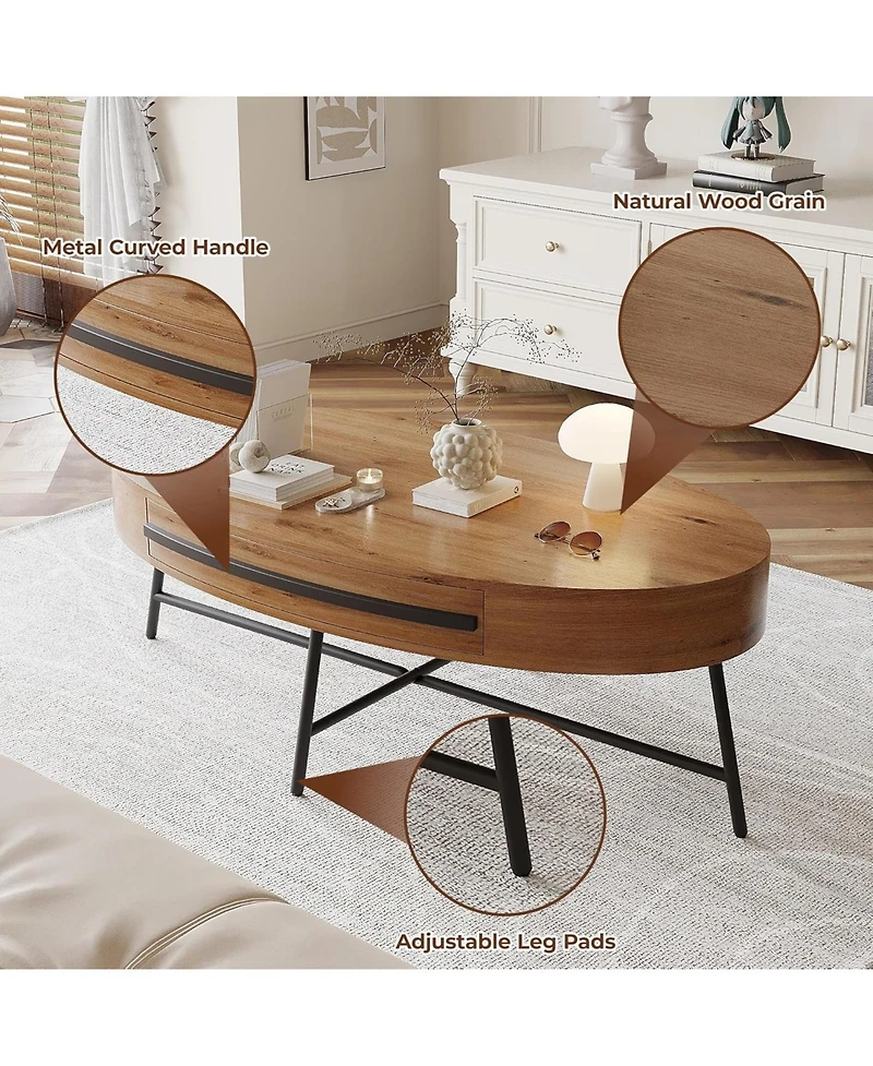 gaomon Oval Coffee Table with Drawer Mid-Century Modern Center Table Wooden Coffee Table with Storage and Cross Metal Legs Unique Curved Design