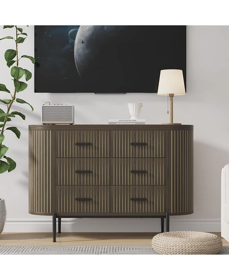 gaomon Fluted 6 Drawer Dresser for Bedroom, 59in Large Mid Century Modern Wooden Chest Dresser Tv Stand with Curved Profile Design and Gold Handles