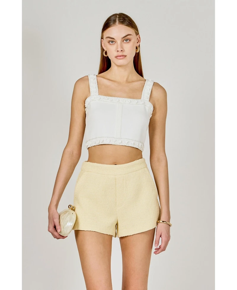 endless rose Women's Flower and Pearl Trim Knit Top