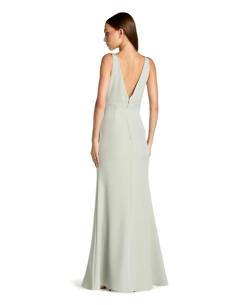 Mac Duggal Petite Crepe Sleeveless V Neck Sheath Gown With Bow