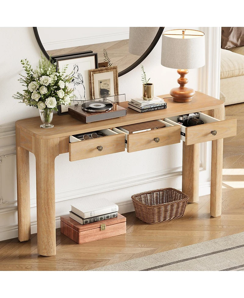 Streamdale Rustic Console Table with Curved Corners, 3 Drawers, Sturdy Sofa Table