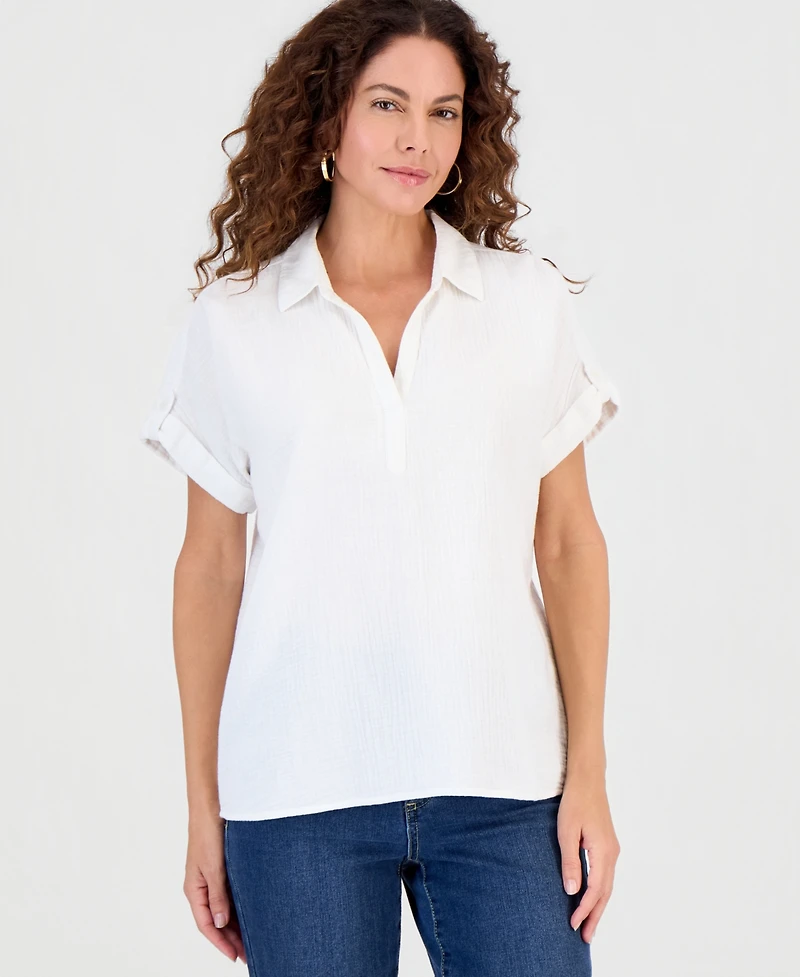 Style & Co Women's Cotton Gauze Collared Popover Top, Macy's Exclusive