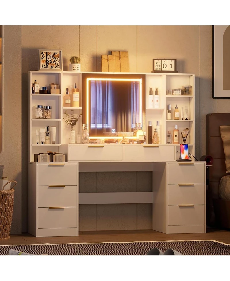 Streamdale Furniture Makeup Vanity Desk with Mirror, Lights & 8 Drawers, 59" Large Table