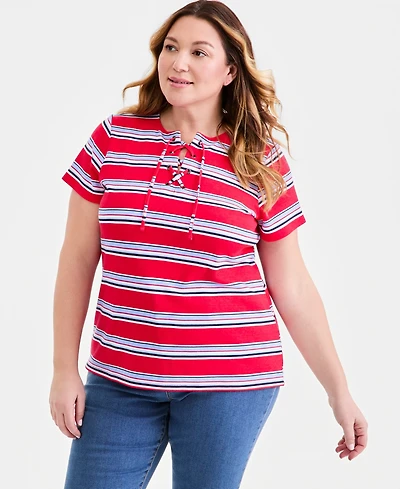 Style & Co Plus Striped Lace-Up Short-Sleeve Top
