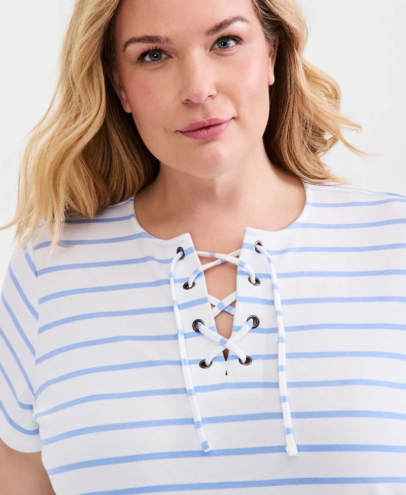 Style & Co Plus Size Striped Lace-Up Short-Sleeve Top, Macy's Exclusive