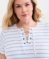 Style & Co Plus Size Striped Lace-Up Short-Sleeve Top, Macy's Exclusive