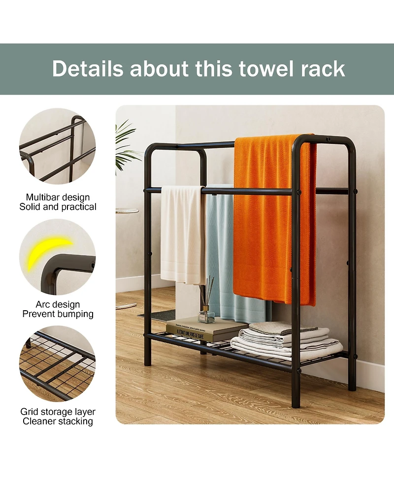Rainsken 3 Tier Metal Towel Rack, Freestanding Towel Holder with Mesh Shelf, Display Rack for Bedroom