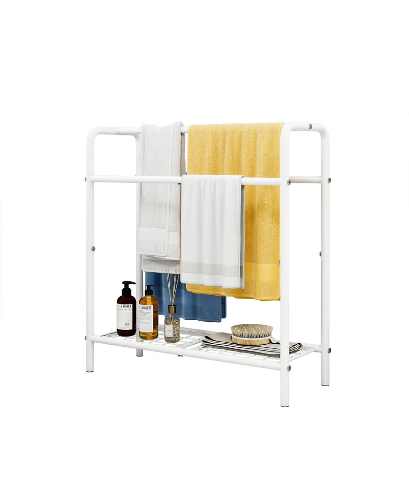 Rainsken 3 Tier Metal Towel Rack, Freestanding Towel Holder with Mesh Shelf, Display Rack for Bedroom, Bathroom