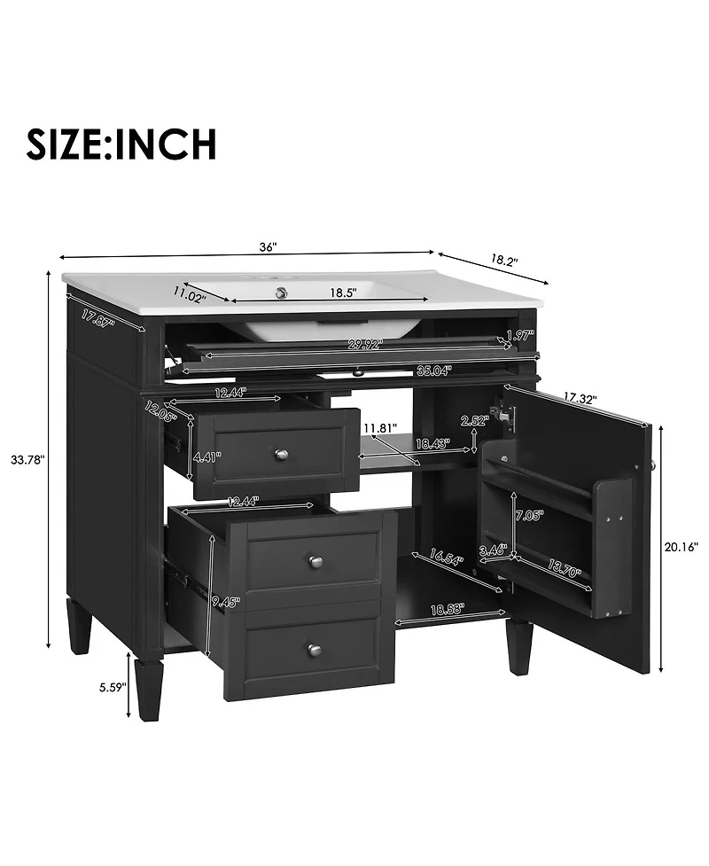 Sillysis 36" Modern Bathroom Vanity with Sink, Solid Wood Cabinet, Soft Close Drawers & Tip-Out Storage