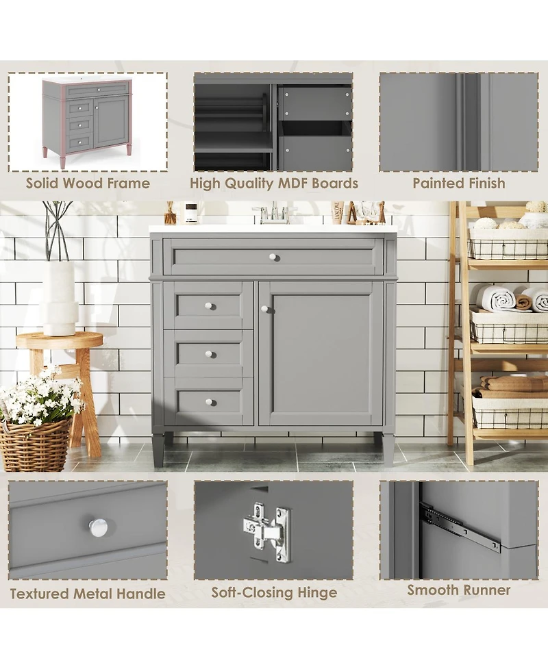 Sillysis 36" Modern Bathroom Vanity with Sink, Solid Wood Cabinet, Soft Close Drawers & Tip-Out Storage